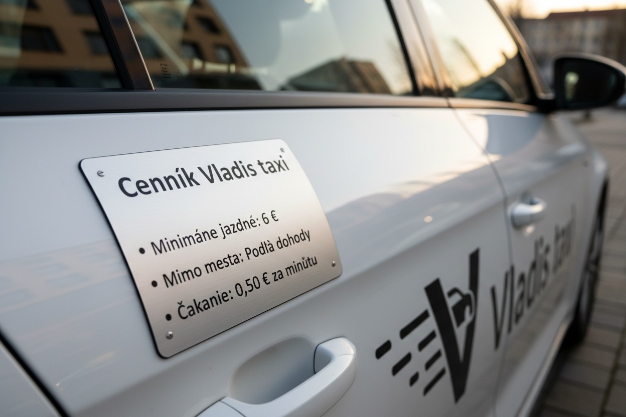 Biela tabuľka s cenníkom taxislužby a nápisom Vladis taxi je upevnená na bočných dverách bieleho auta.